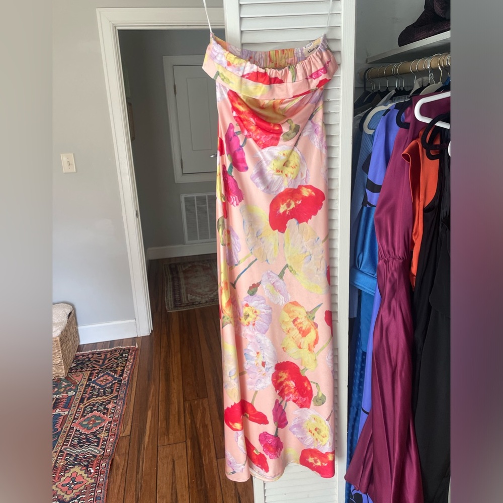 Silk flower strapless maxi by Alice Elle!